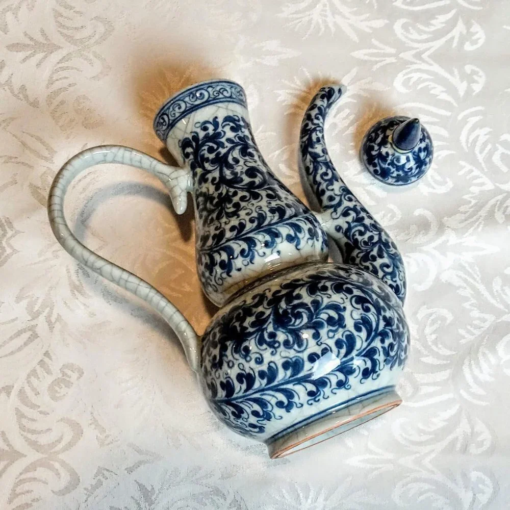 Thai Blue Grey Swirl Print Ewer Lidded Pitcher